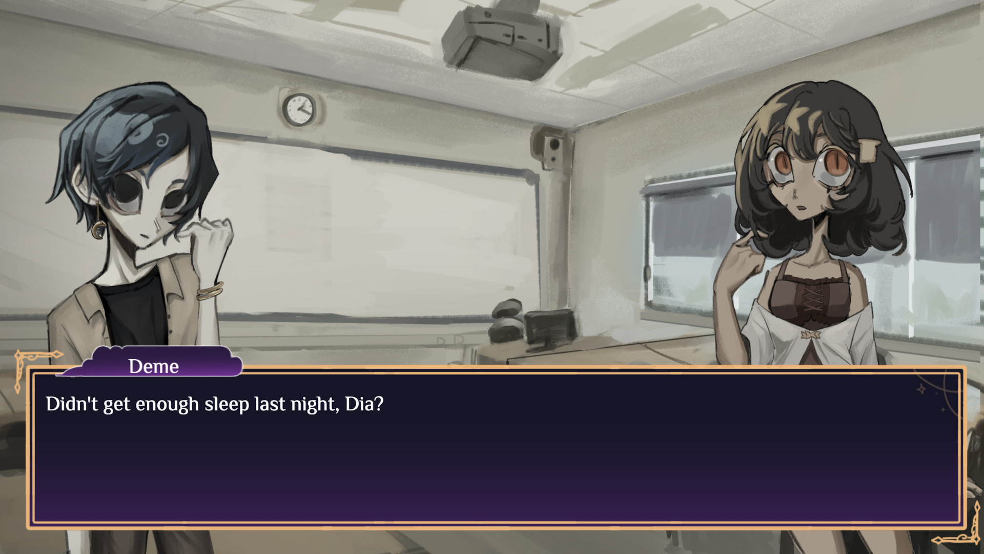 Dia and Deme talking in a classroom in DiaLune