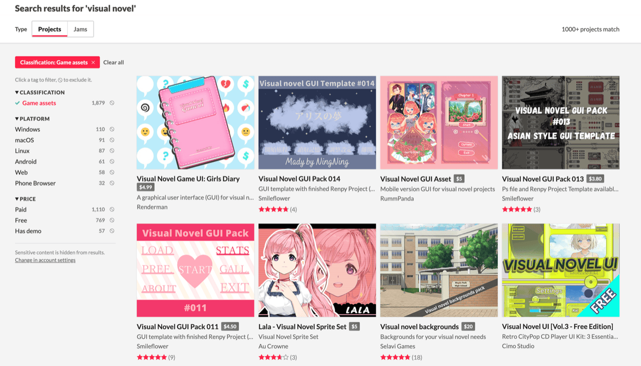 itch.io search results showing visual novel asset packs