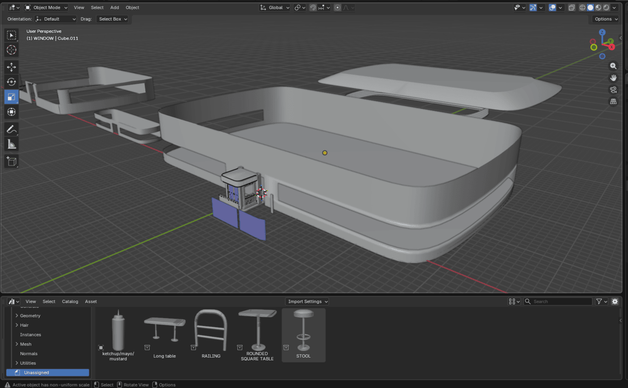 The Two Straws diner building being modelled in Blender
