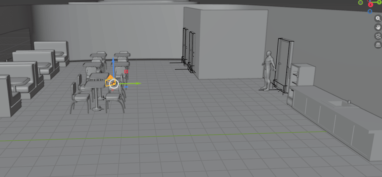 An early grey model of the Two Straws diner interior in Blender