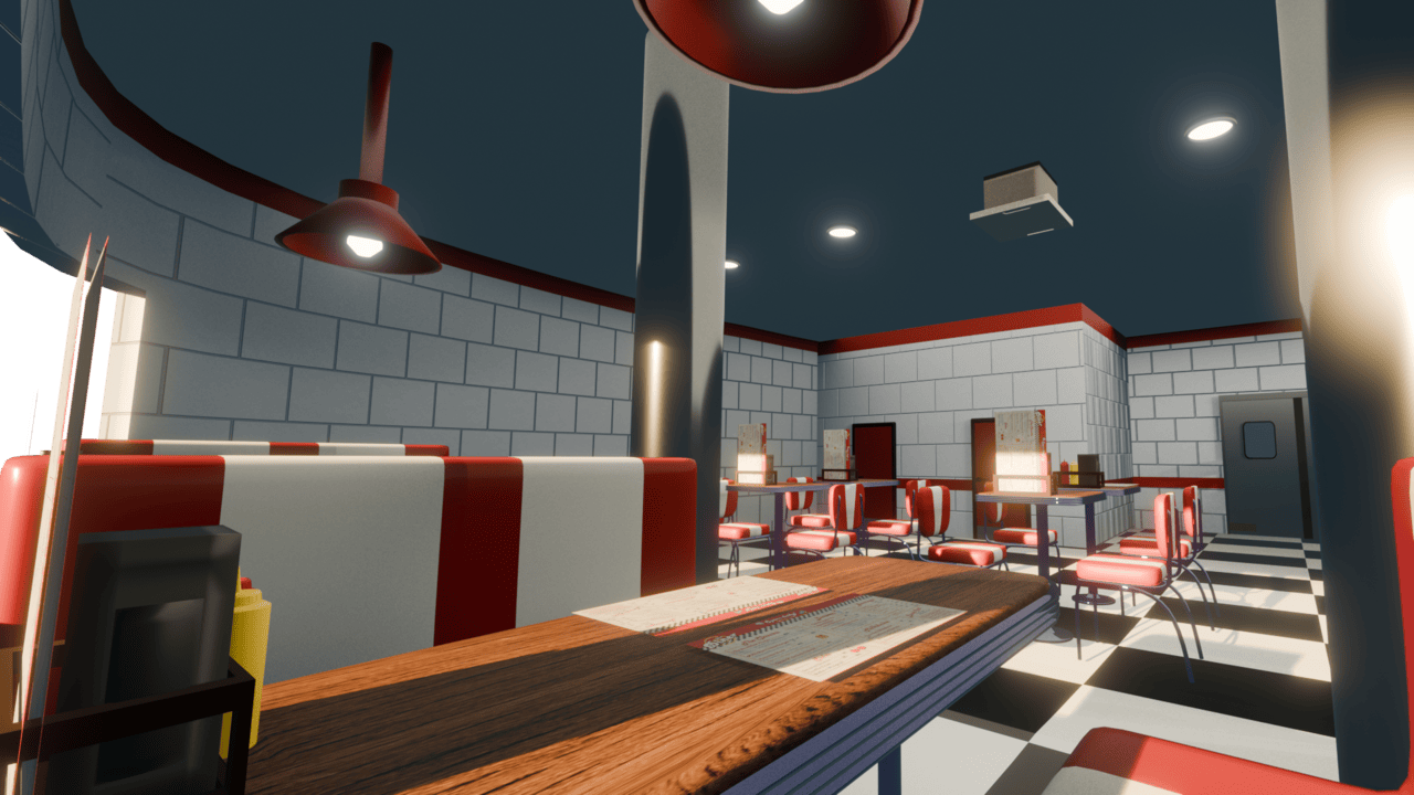 A rendered view from a table inside the Two Straws diner
