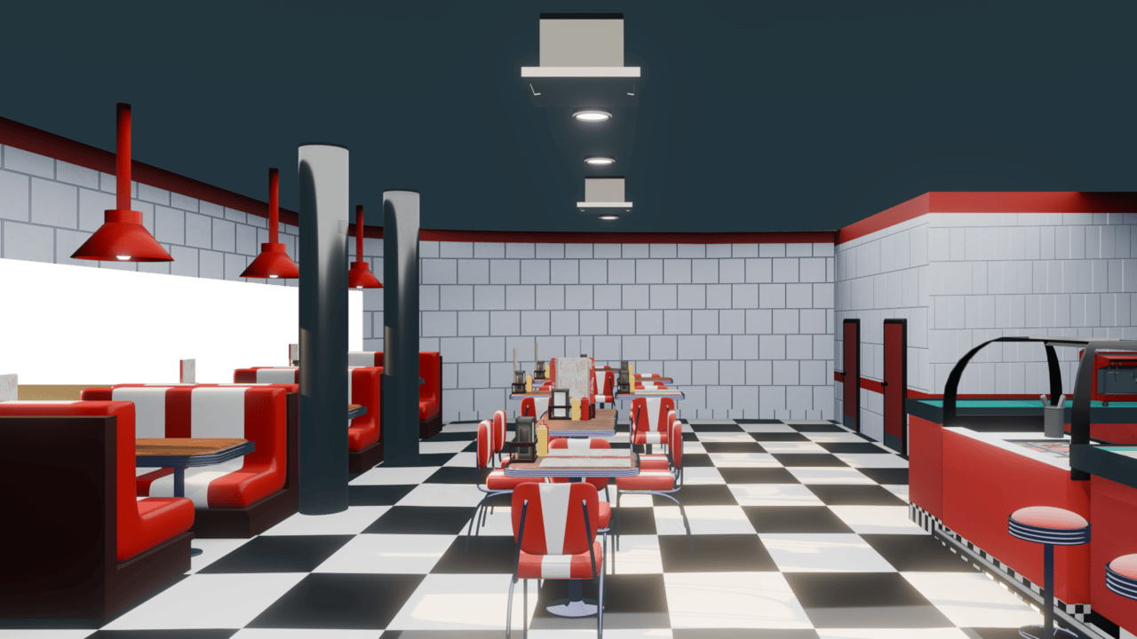 A rendered overview of the Two Straws diner interior