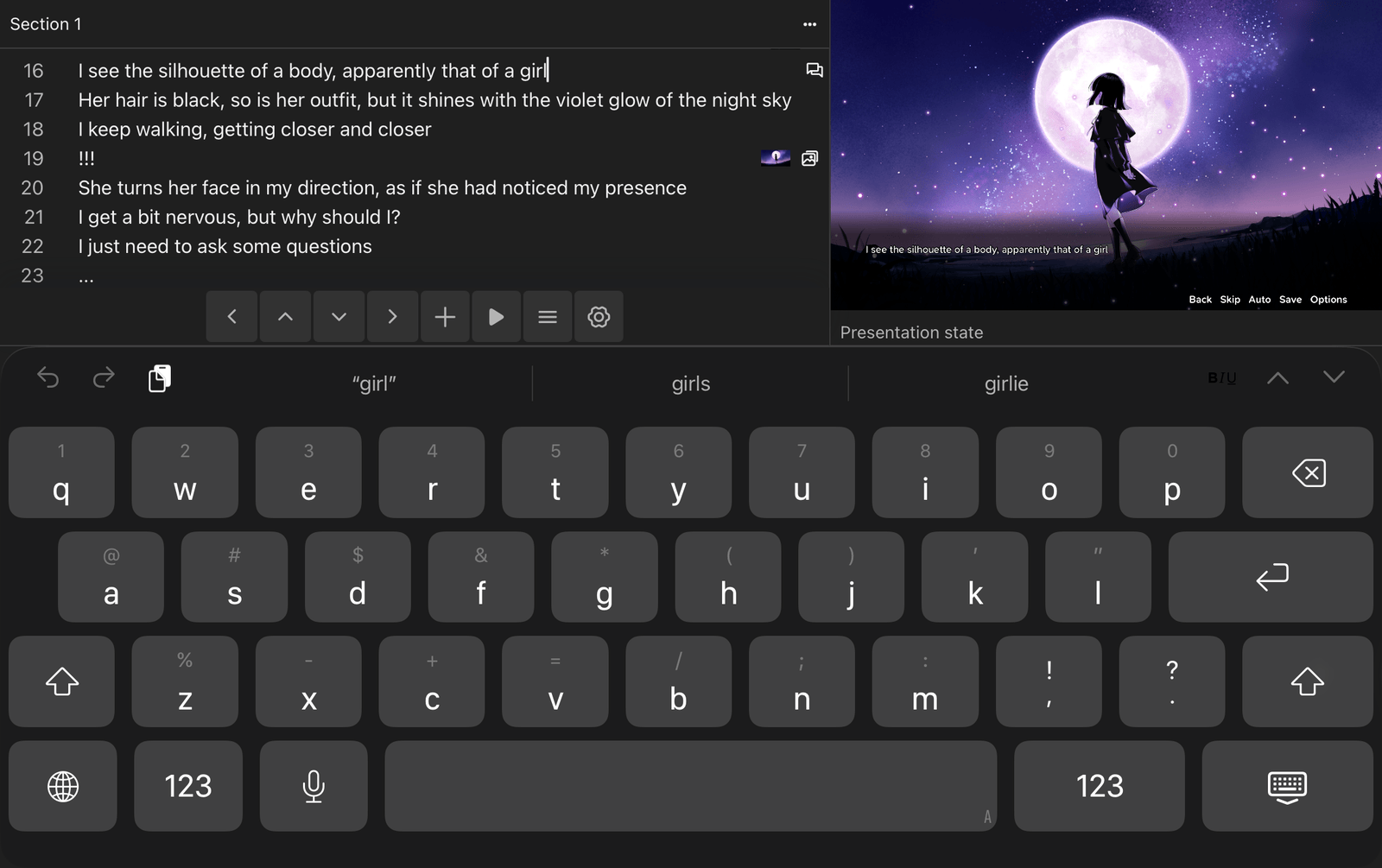 RouteVN Creator on iPad in landscape, with the script on the left, scene preview on the right, and keyboard below.