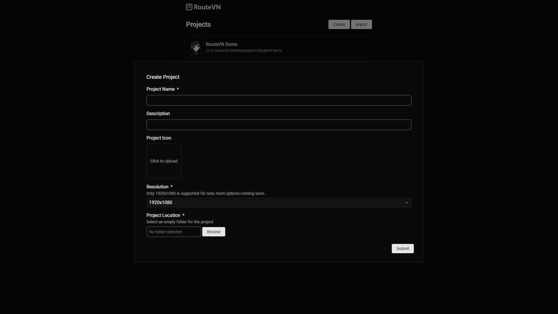 Create project form