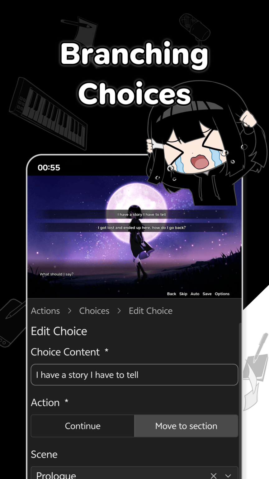 Android choice editor showing choice text, a destination scene, and two options in the story preview.