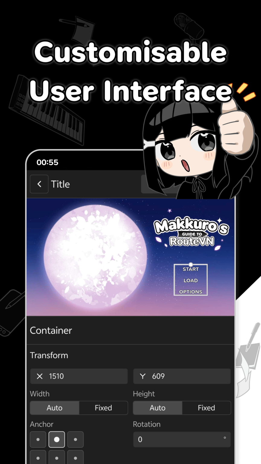 Android title screen layout editor showing a visual novel preview and controls for element position, size, and rotation.