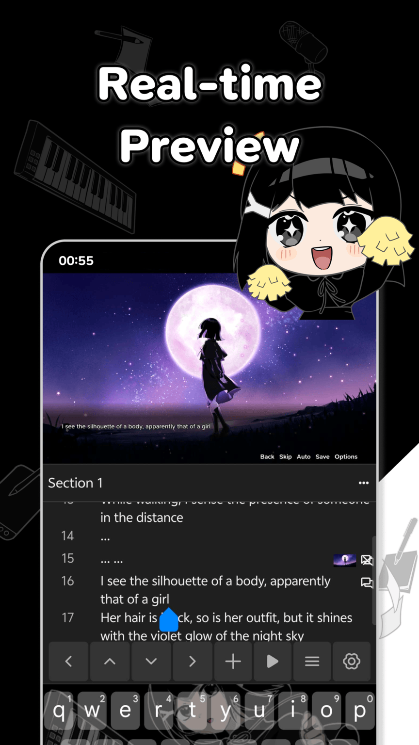 Android dialogue editor with a live visual novel preview above the script and editing controls.