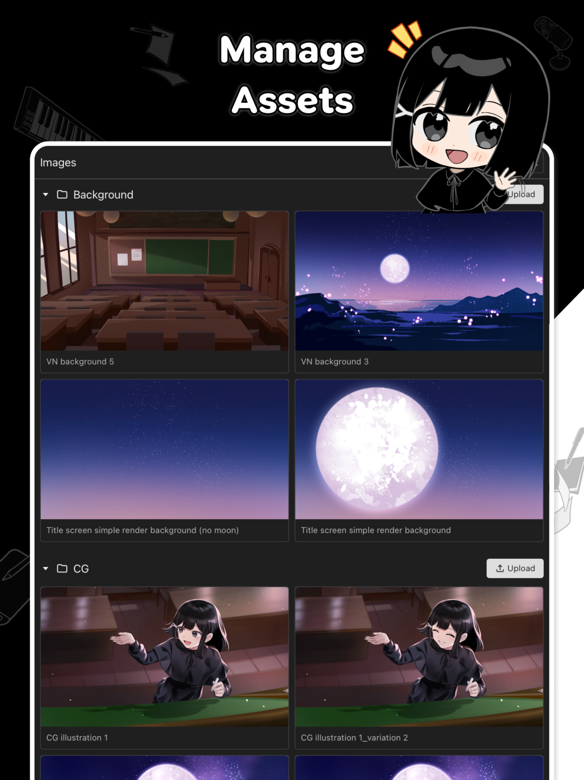 Tablet image library with folders of backgrounds and illustrations.