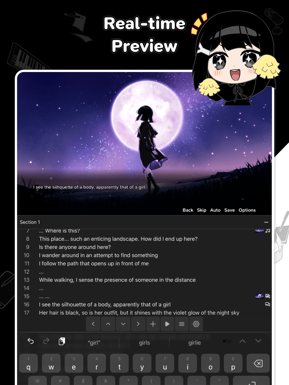 Tablet dialogue editor with a live scene preview above the script and keyboard.