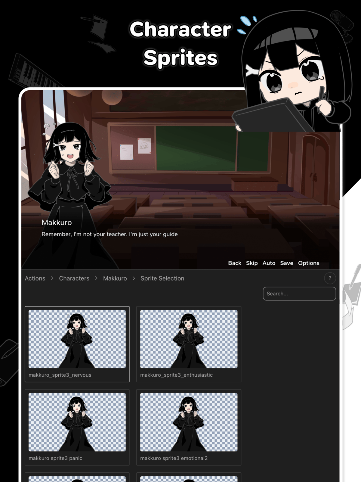 Tablet character sprite picker with expressions and a classroom scene preview.