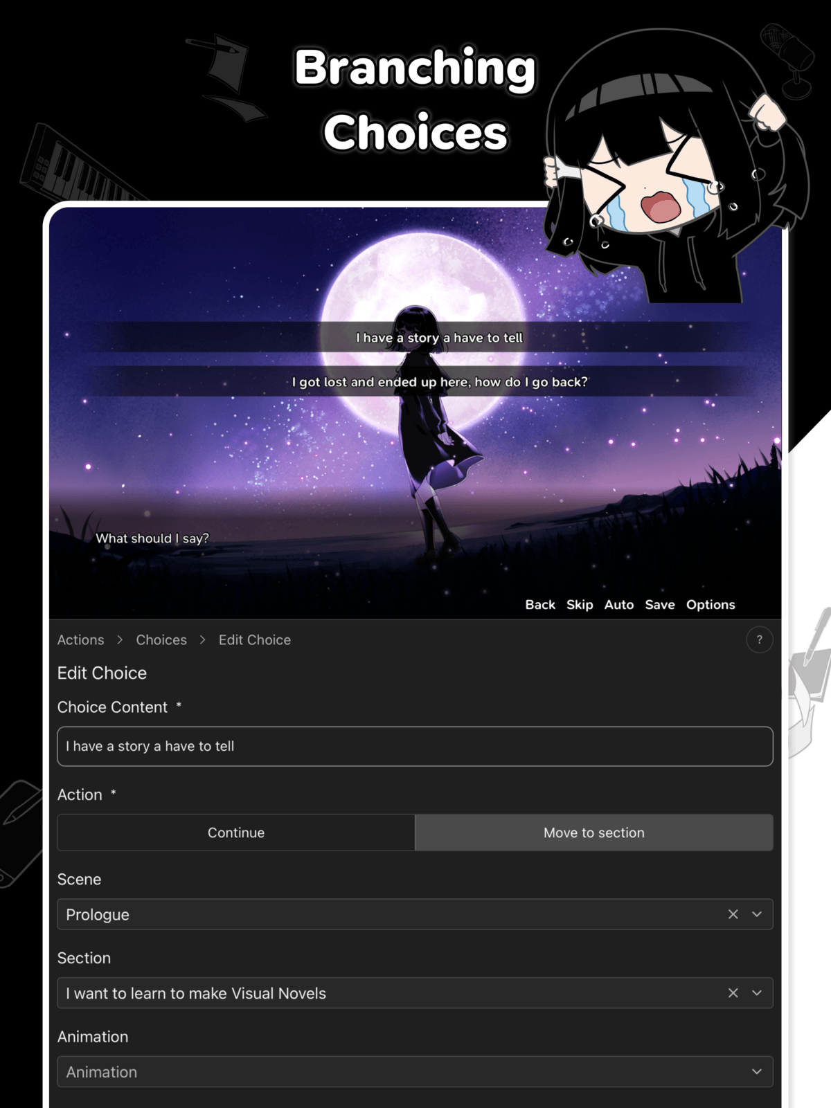 Tablet choice editor with branching options and a destination section.