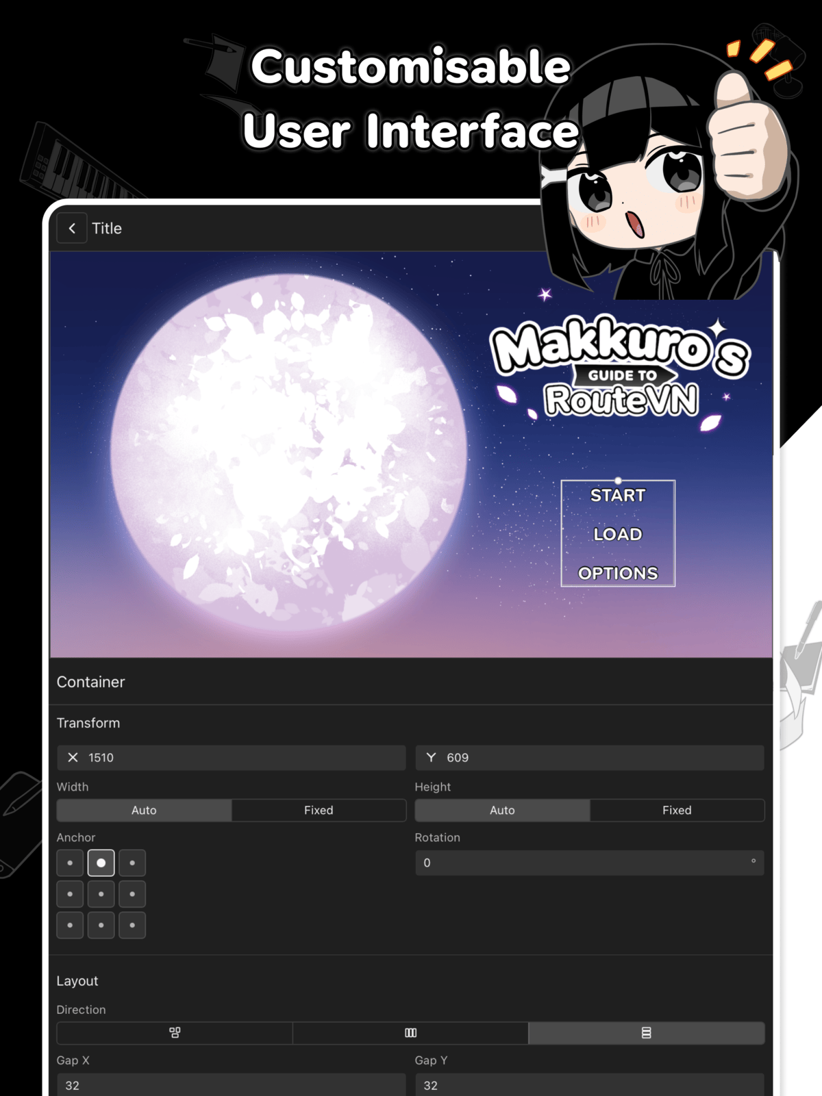 Tablet title screen editor with position, size, and layout controls.