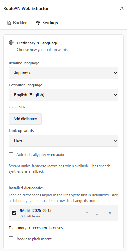 Dictionary and Language settings with Japanese reading, English definitions, and an enabled JMdict dictionary.