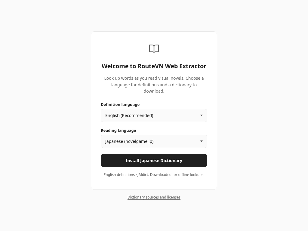 Setup page with English definitions, Japanese reading, and the Install Japanese Dictionary button.