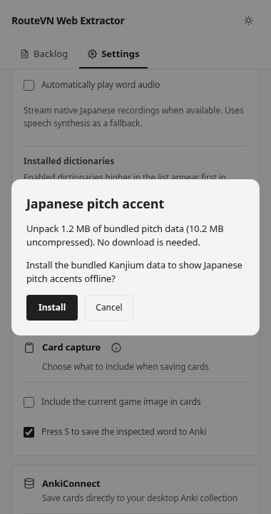 Japanese pitch accent installation dialog with Install and Cancel buttons.