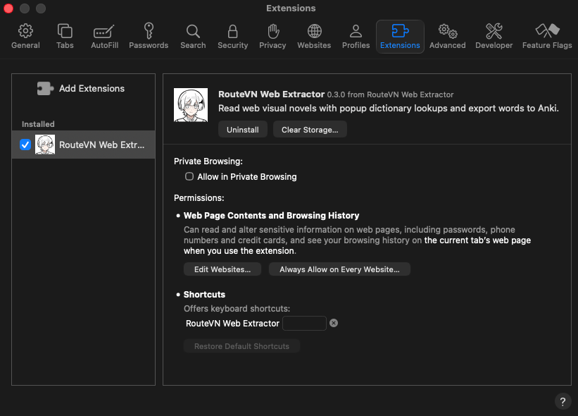 Safari Extensions settings with RouteVN Web Extractor turned on and its permissions shown.