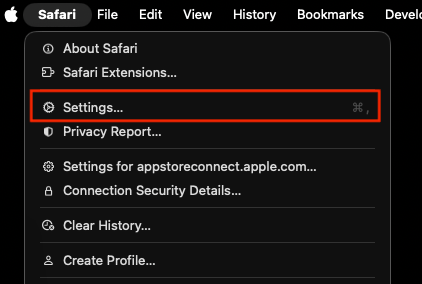 Safari menu with Settings highlighted.